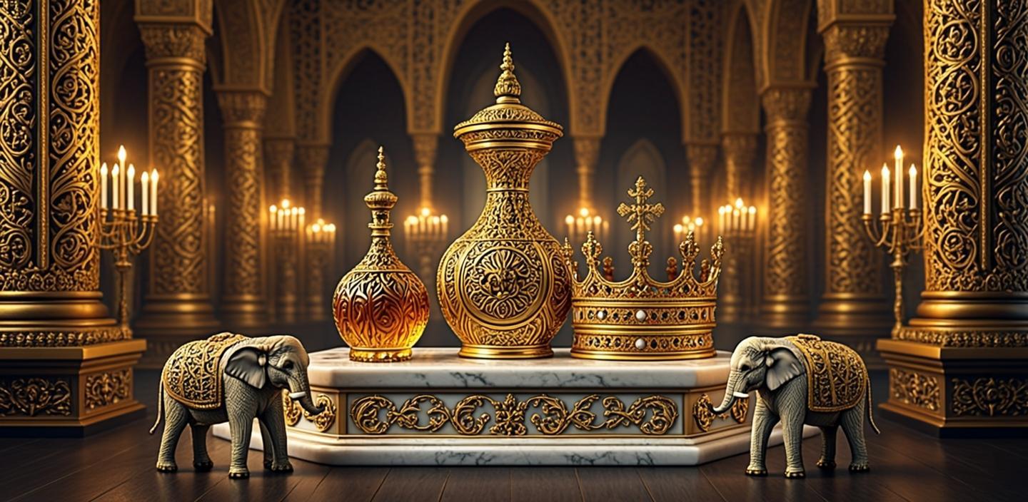La Salle du Trône de L'Eau des Rois — flacons d'or, couronne royale et éléphants de garde